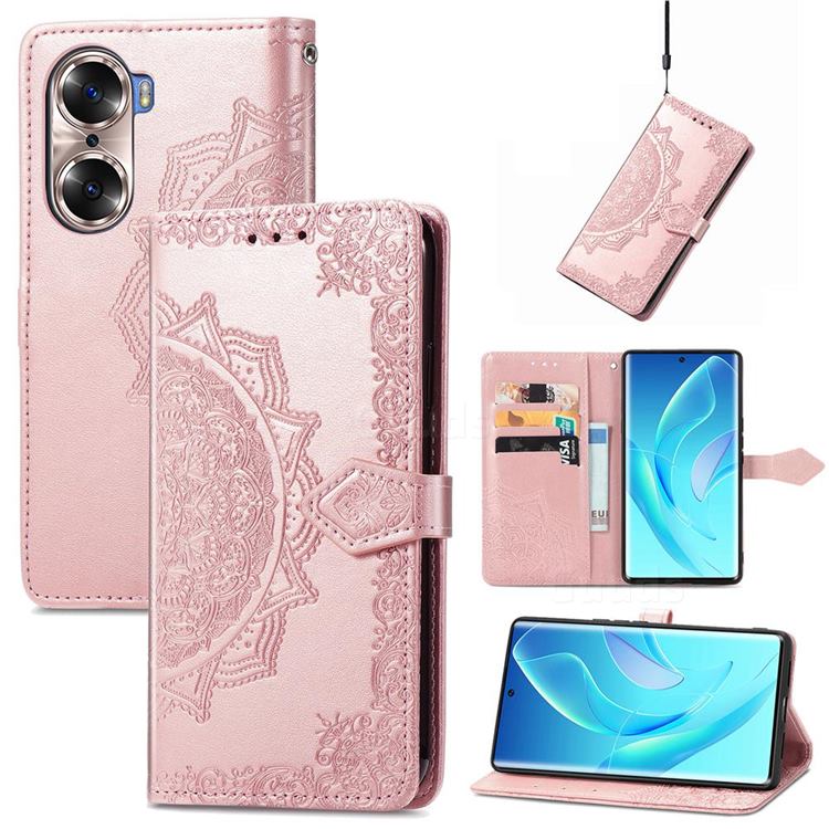 Embossing Imprint Mandala Flower Leather Wallet Case for Huawei Honor 60 - Rose Gold