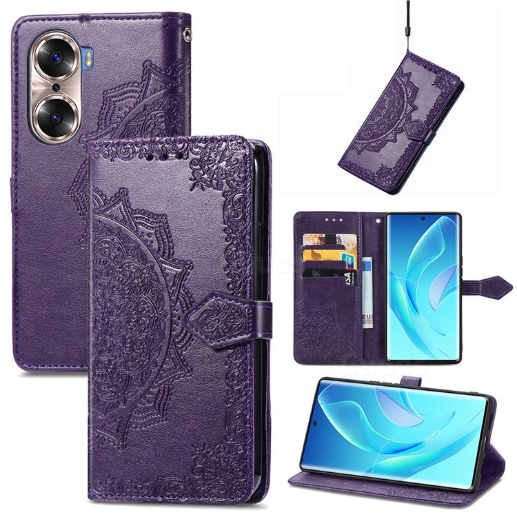 Embossing Imprint Mandala Flower Leather Wallet Case for Huawei Honor 60 - Purple