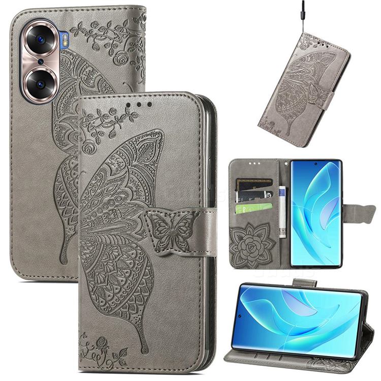 Embossing Mandala Flower Butterfly Leather Wallet Case for Huawei Honor 60 - Gray