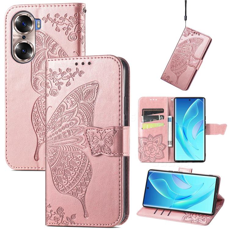 Embossing Mandala Flower Butterfly Leather Wallet Case for Huawei Honor 60 - Rose Gold