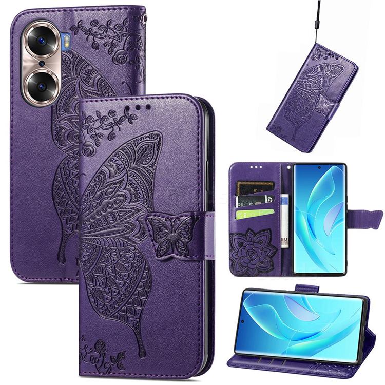 Embossing Mandala Flower Butterfly Leather Wallet Case for Huawei Honor 60 - Dark Purple