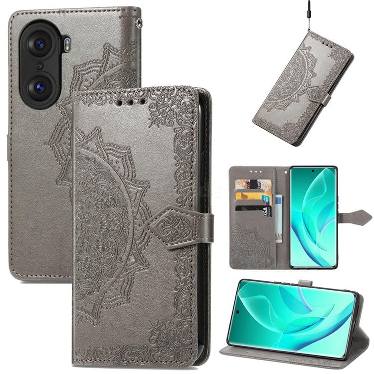Embossing Imprint Mandala Flower Leather Wallet Case for Huawei Honor 60 Pro - Gray