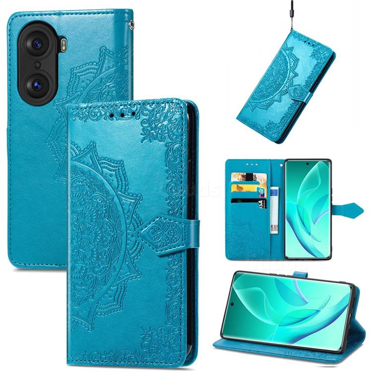 Embossing Imprint Mandala Flower Leather Wallet Case for Huawei Honor 60 Pro - Blue