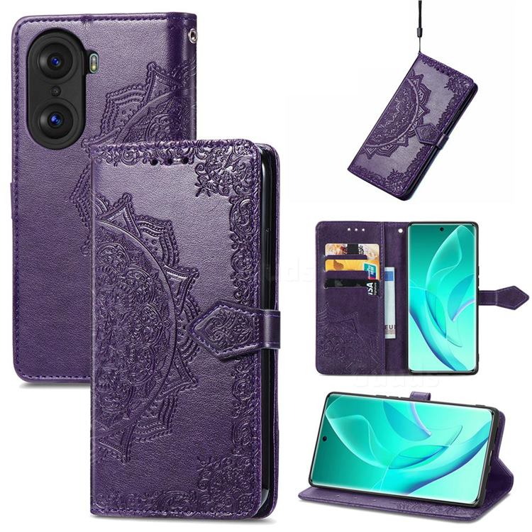 Embossing Imprint Mandala Flower Leather Wallet Case for Huawei Honor 60 Pro - Purple