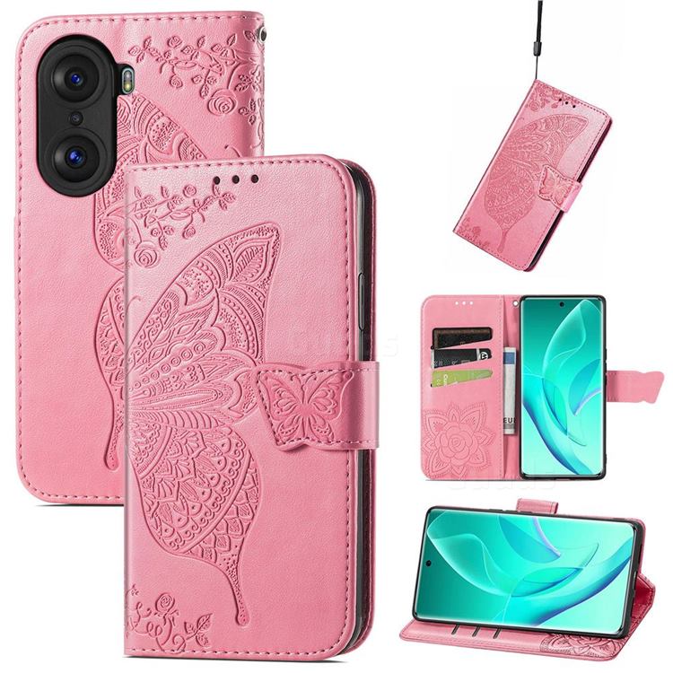 Embossing Mandala Flower Butterfly Leather Wallet Case for Huawei Honor 60 Pro - Pink