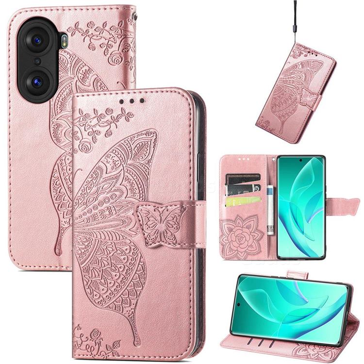 Embossing Mandala Flower Butterfly Leather Wallet Case for Huawei Honor 60 Pro - Rose Gold