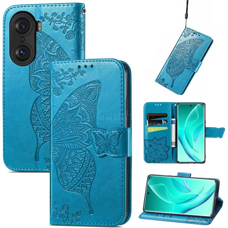 Embossing Mandala Flower Butterfly Leather Wallet Case for Huawei Honor 60 Pro - Blue