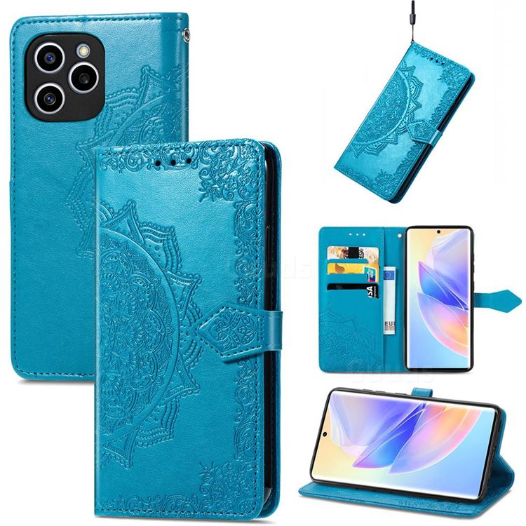 Embossing Imprint Mandala Flower Leather Wallet Case for Huawei Honor 60 SE - Blue