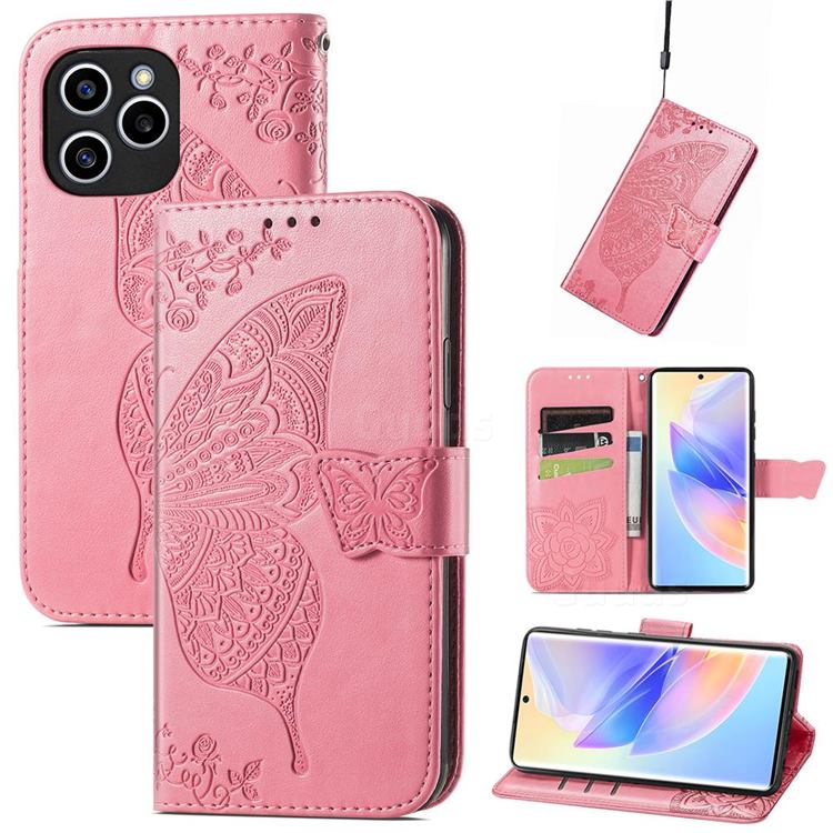 Embossing Mandala Flower Butterfly Leather Wallet Case for Huawei Honor 60 SE - Pink