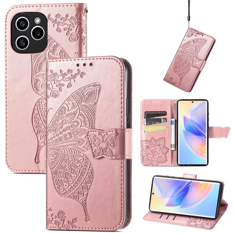 Embossing Mandala Flower Butterfly Leather Wallet Case for Huawei Honor 60 SE - Rose Gold
