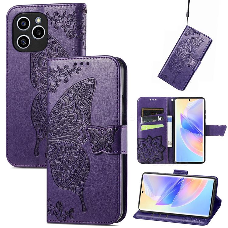 Embossing Mandala Flower Butterfly Leather Wallet Case for Huawei Honor 60 SE - Dark Purple