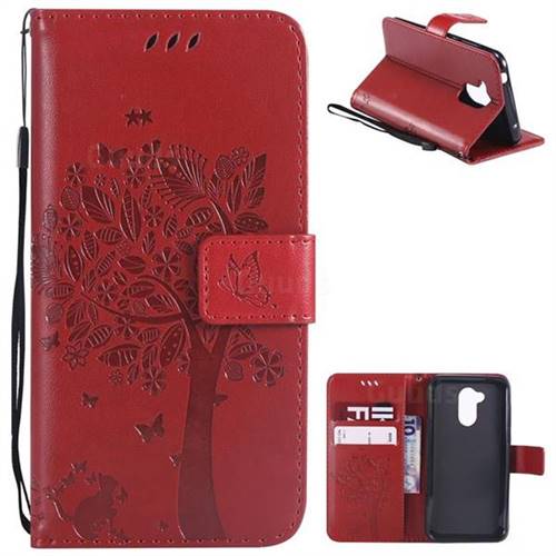 Embossing Butterfly Tree Leather Wallet Case for Huawei Honor 6A - Red