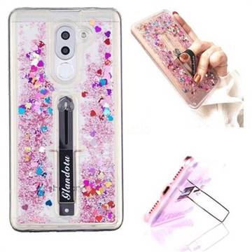 Concealed Ring Holder Stand Glitter Quicksand Dynamic Liquid Phone Case for Huawei Honor 6X Mate9 Lite - Rose