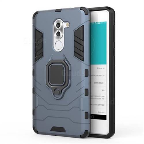 Black Panther Armor Metal Ring Grip Shockproof Dual Layer Rugged Hard Cover for Huawei Honor 6X Mate9 Lite - Blue