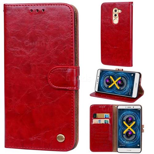 Luxury Retro Oil Wax PU Leather Wallet Phone Case for Huawei Honor 6X Mate9 Lite - Brown Red