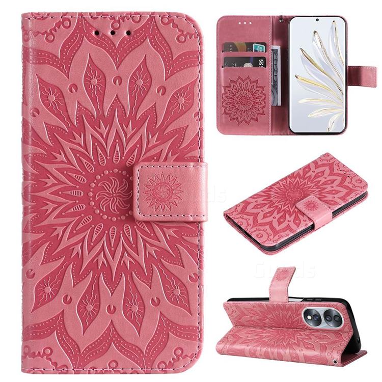 Embossing Sunflower Leather Wallet Case for Huawei Honor 70 - Pink