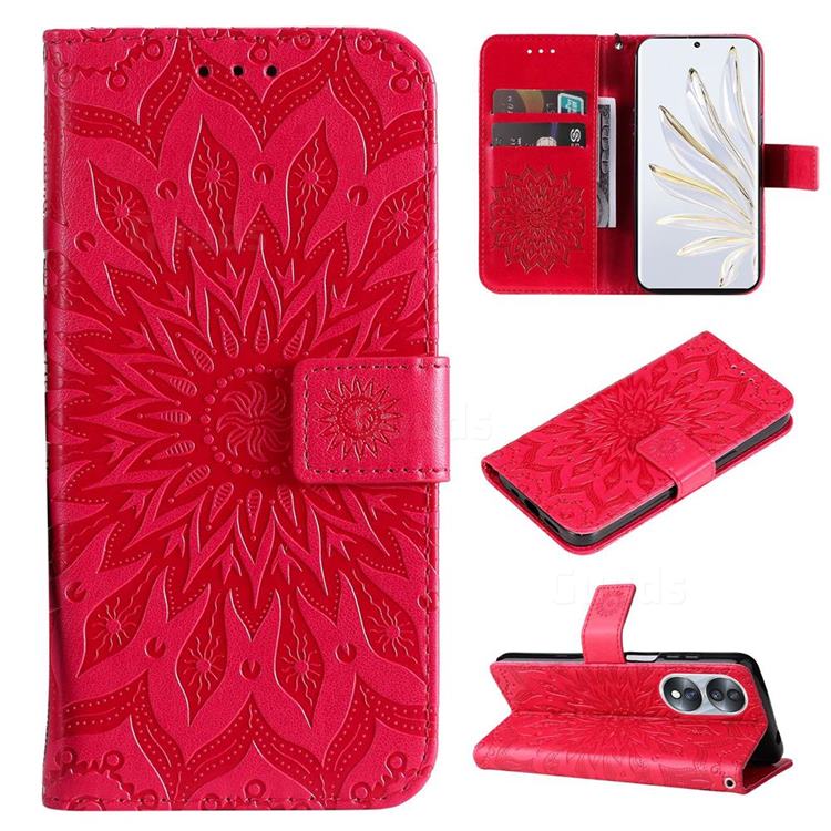 Embossing Sunflower Leather Wallet Case for Huawei Honor 70 - Red