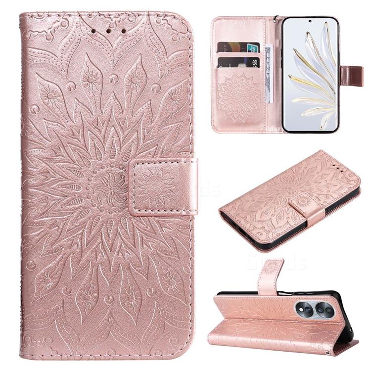 Embossing Sunflower Leather Wallet Case for Huawei Honor 70 - Rose Gold