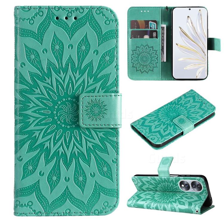 Embossing Sunflower Leather Wallet Case for Huawei Honor 70 - Green