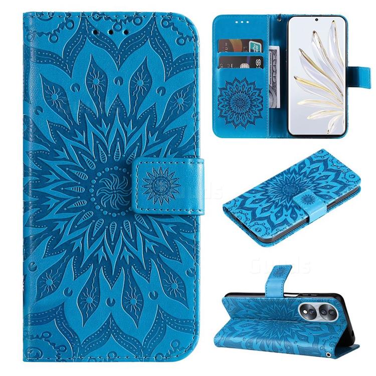 Embossing Sunflower Leather Wallet Case for Huawei Honor 70 - Blue