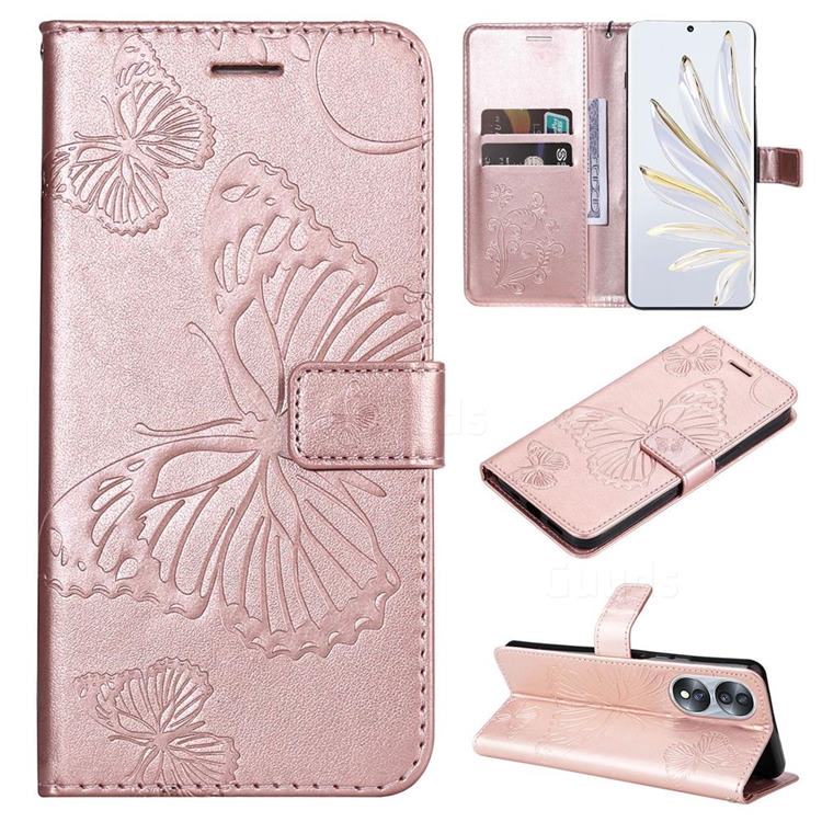 Embossing 3D Butterfly Leather Wallet Case for Huawei Honor 70 - Rose Gold