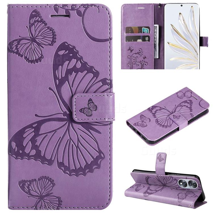 Embossing 3D Butterfly Leather Wallet Case for Huawei Honor 70 - Purple