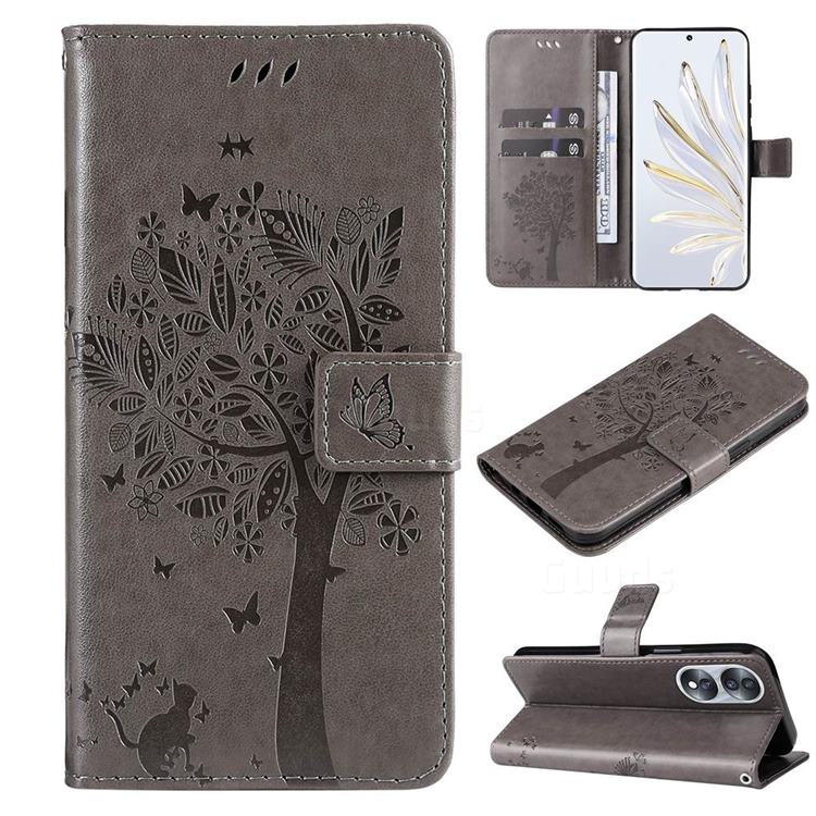 Embossing Butterfly Tree Leather Wallet Case for Huawei Honor 70 - Grey