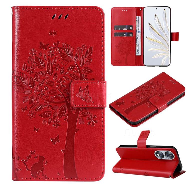 Embossing Butterfly Tree Leather Wallet Case for Huawei Honor 70 - Red