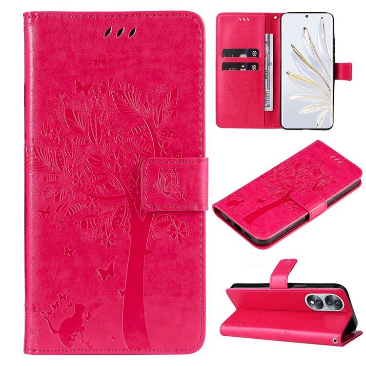 Embossing Butterfly Tree Leather Wallet Case for Huawei Honor 70 - Rose