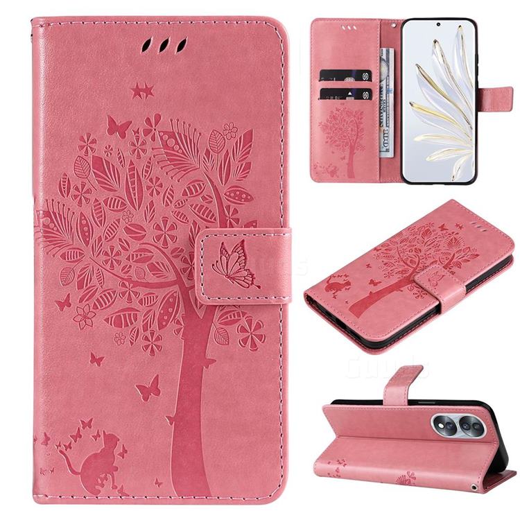 Embossing Butterfly Tree Leather Wallet Case for Huawei Honor 70 - Pink