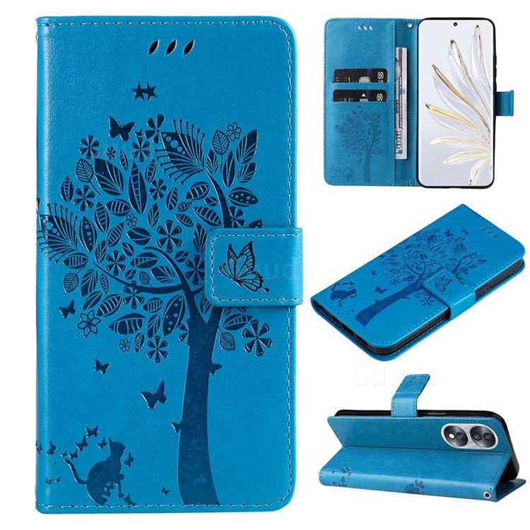 Embossing Butterfly Tree Leather Wallet Case for Huawei Honor 70 - Blue