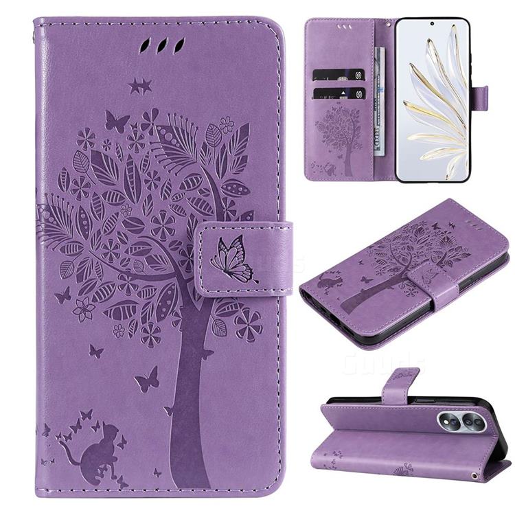 Embossing Butterfly Tree Leather Wallet Case for Huawei Honor 70 - Violet
