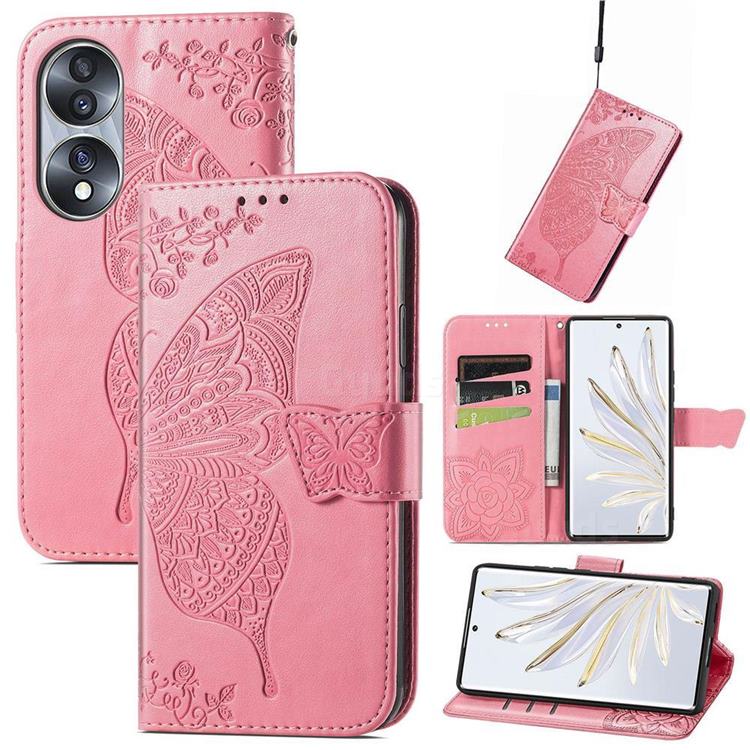 Embossing Mandala Flower Butterfly Leather Wallet Case for Huawei Honor 70 - Pink