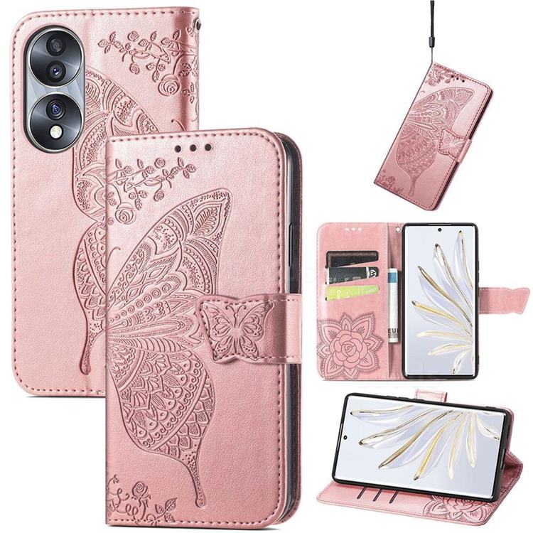 Embossing Mandala Flower Butterfly Leather Wallet Case for Huawei Honor 70 - Rose Gold