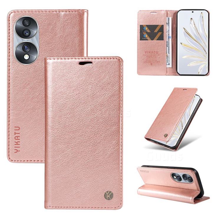 YIKATU Litchi Card Magnetic Automatic Suction Leather Flip Cover for Huawei Honor 70 - Rose Gold