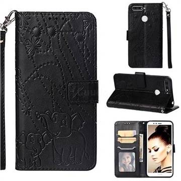 Embossing Fireworks Elephant Leather Wallet Case for Huawei Honor 7A Pro - Black
