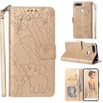 Embossing Fireworks Elephant Leather Wallet Case for Huawei Honor 7A Pro - Golden
