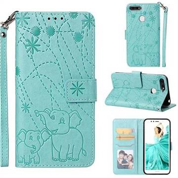 Embossing Fireworks Elephant Leather Wallet Case for Huawei Honor 7A Pro - Green