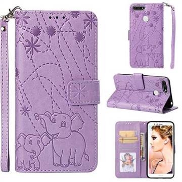 Embossing Fireworks Elephant Leather Wallet Case for Huawei Honor 7A Pro - Purple