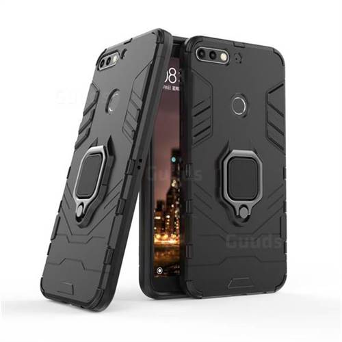 Black Panther Armor Metal Ring Grip Shockproof Dual Layer Rugged Hard Cover for Huawei Honor 7C - Black