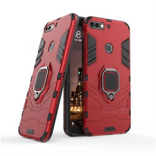Black Panther Armor Metal Ring Grip Shockproof Dual Layer Rugged Hard Cover for Huawei Honor 7C - Red