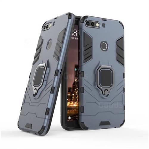 Black Panther Armor Metal Ring Grip Shockproof Dual Layer Rugged Hard Cover for Huawei Honor 7C - Blue