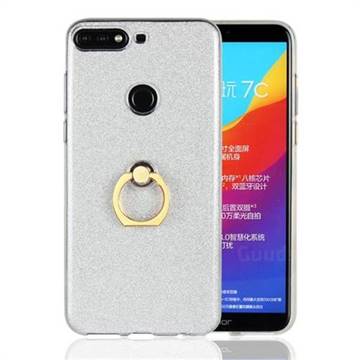 Luxury Soft TPU Glitter Back Ring Cover with 360 Rotate Finger Holder Buckle for Huawei Honor 7C - White