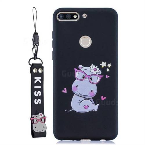 Black Flower Hippo Soft Kiss Candy Hand Strap Silicone Case for Huawei Honor 7C
