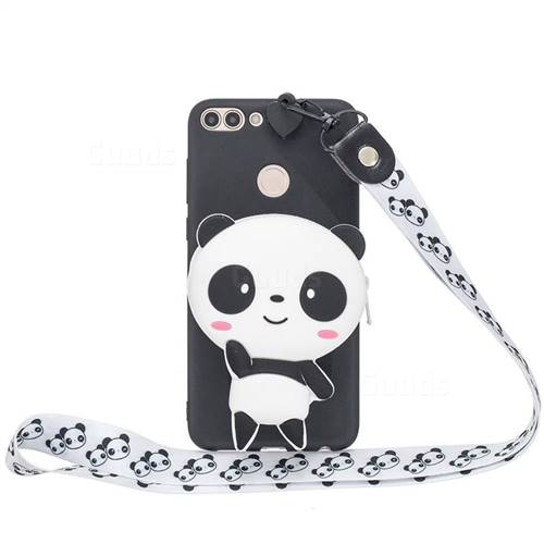 White Panda Neck Lanyard Zipper Wallet Silicone Case for Huawei Honor 7C