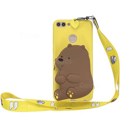 Yellow Bear Neck Lanyard Zipper Wallet Silicone Case for Huawei Honor 7C