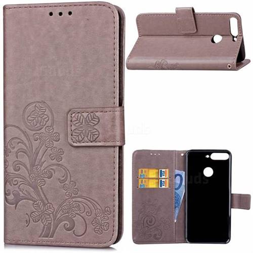 Embossing Imprint Four-Leaf Clover Leather Wallet Case for Huawei Honor 7C - Grey