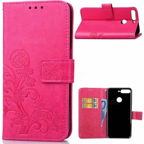 Embossing Imprint Four-Leaf Clover Leather Wallet Case for Huawei Honor 7C - Rose