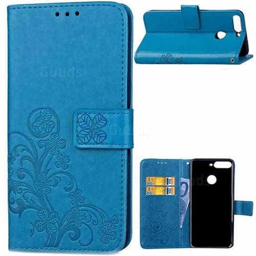 Embossing Imprint Four-Leaf Clover Leather Wallet Case for Huawei Honor 7C - Blue