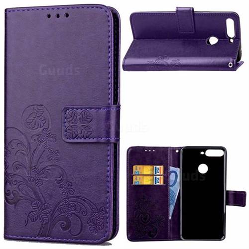 Embossing Imprint Four-Leaf Clover Leather Wallet Case for Huawei Honor 7C - Purple